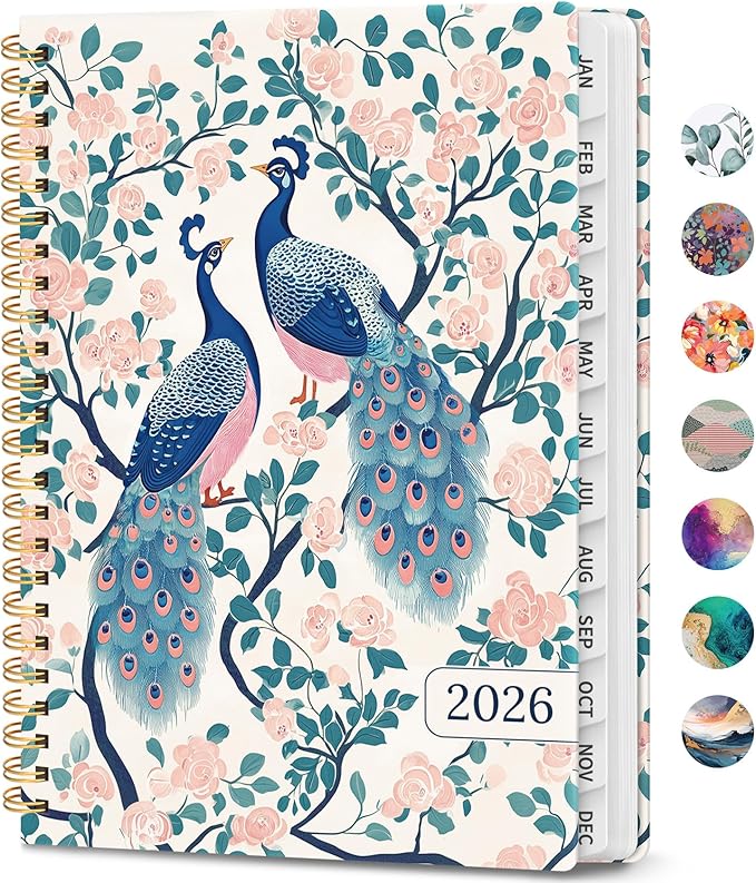 2026 Planner, Weekly and Monthly Calendar Planner Book, January 2026 - December 2026, Hardcover Spiral Planner with Monthly Tabs, Notes Pages, Perfect for Women & Men, A5 (6.4" x 8.5") - Peacock
