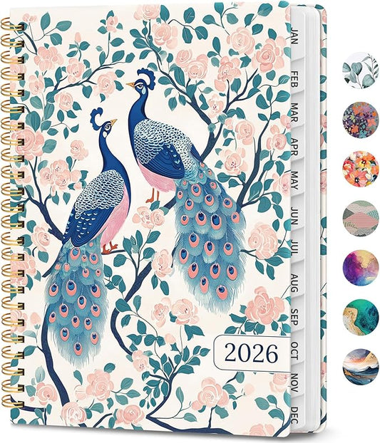2026 Planner, Weekly and Monthly Calendar Planner Book, January 2026 - December 2026, Hardcover Spiral Planner with Monthly Tabs, Notes Pages, Perfect for Women & Men, A5 (6.4" x 8.5") - Peacock