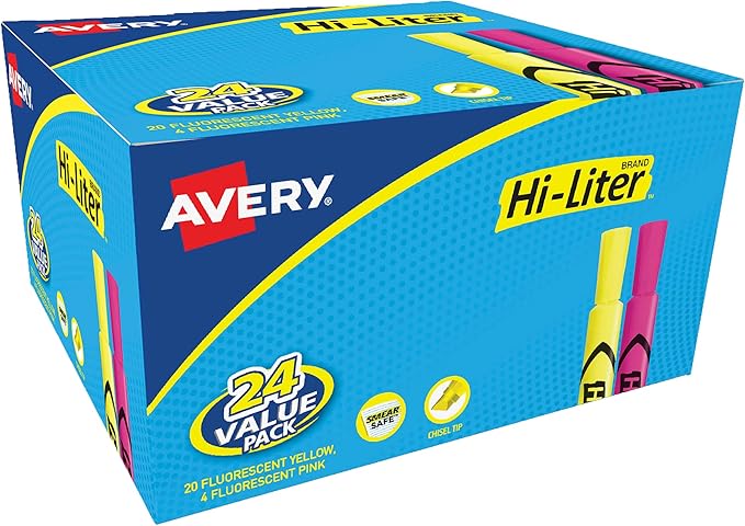 Avery Hi-Liter Desk-Style Highlighters, Smear Safe Ink, Chisel Tip, Assorted Pink and Yellow, 24 Highlighters per Pack, 288 Total (12-Pack of 98189)