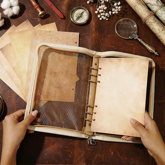 100 Sheets Vintage A5 Refills Papers for Planner Insert Binder, 120GSM Thick Antique Retro Notebook Fillers, Aged Look 6 Hole Loose Leaf Papers for Old Fashion A5 6 Ring Binder Journal Diary Christmas