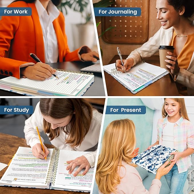Large Spiral Lined Notebooks for Work with Removable Dividers & Tabs, 8.5"x11" Pretty Hardcover 5 Subject Notebook Journal for Women, College Ruled, Perfect for Study & Office Organization, 280 Pages,Blue Blooms