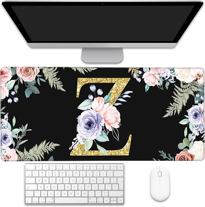 Large Gaming Mouse Pad for Desk, Flower Golden Letters Z Desk Mat, 35.4"x15.7" Big Mouse Pad with Non-Slip Base and Stitched Edge, Long Computer Keyboard Mouse Mat for Home Office Work