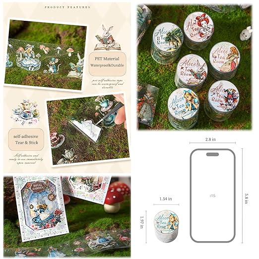 6 Rolls PET Tape Stickers for Journaling,Alice Fairy Washi Tape Stickers for Scrapbooking Supplies,Junk Journal,Phone Case,Photo Frame,Calendar,Cups(Spring)