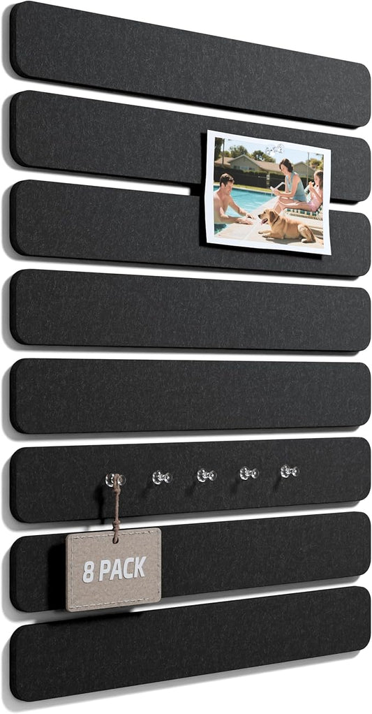 Fluxynara Cork Board Alternative Felt Strip Board 8-Pack 13"x2", Office Pin Board with 50 Push Pins, Adhesive Install for Bedroom Door & Home Office(Black)