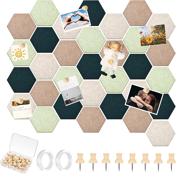 32 Pcs 6'' x 7'' Hexagon Felt Cork Board Tiles with 50 Wooden Push Pins, Felt DIY Bulletin Board with 4 Tape for Office School Home Wall Decor Stickers Memos Photos Display