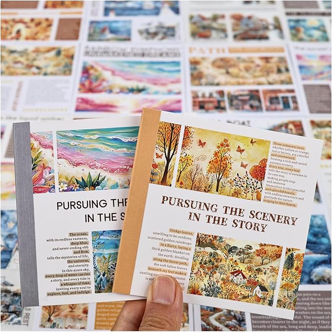 40 Sheets Diecut Washi Sticker Books for Scrapbooking, Summer Seaside Coastal Waves and Gold Fall Fairytale Theme Decorative Stickers for Journaling, Junk Journal Supplies, Scrap Book