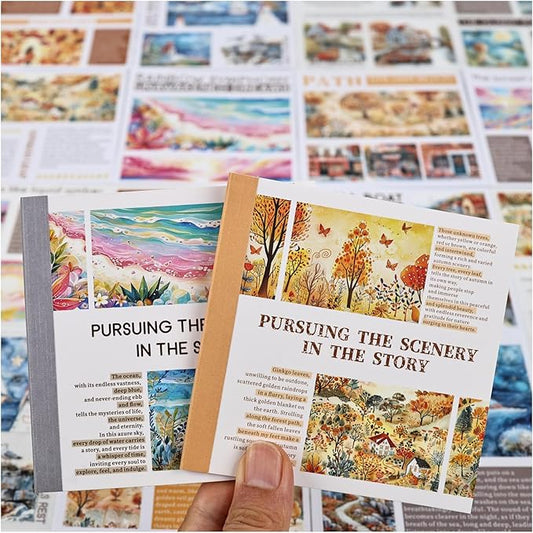 40 Sheets Diecut Washi Sticker Books for Scrapbooking, Summer Seaside Coastal Waves and Gold Fall Fairytale Theme Decorative Stickers for Journaling, Junk Journal Supplies, Scrap Book
