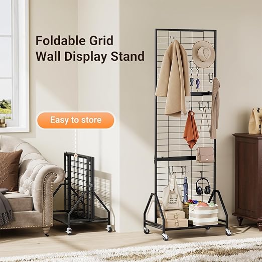 ELYKEN Foldable Grid Wall Panels 5.5' x 2' FT, Movable Wire Gridwall Display Rack with Wheels and Adjustable Foots, Retail Display Stand for Vendor with Storage (Black)