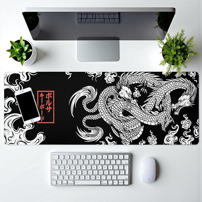 Black and White Mouse Pad Extra Large Gaming Mousepad Dragon Desk Mats Japanese Full Keyboard Mat Computer Pad Desk Mat with Stitched Edges Non-Slip Desktop 31.5 x11.8 in