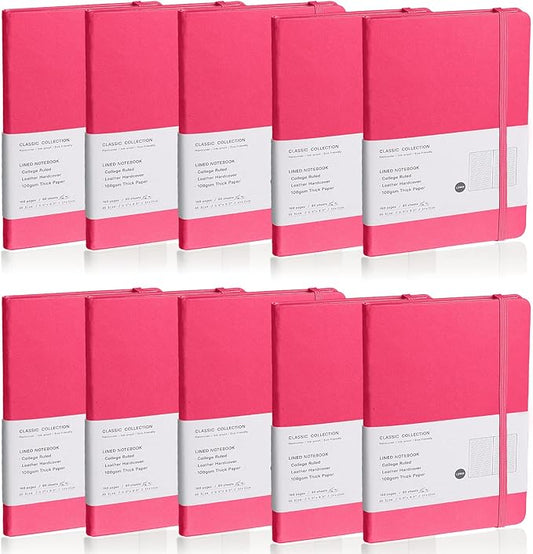 Lined Journal Notebook, 10Pack Hardcover Notebook for Men & Women – Journals for Writing, Work, School, Home & Daily Notes, 160 Pages – Medium A5, 5.7"x8", 100 gsm Thick Paper (Rose Red)