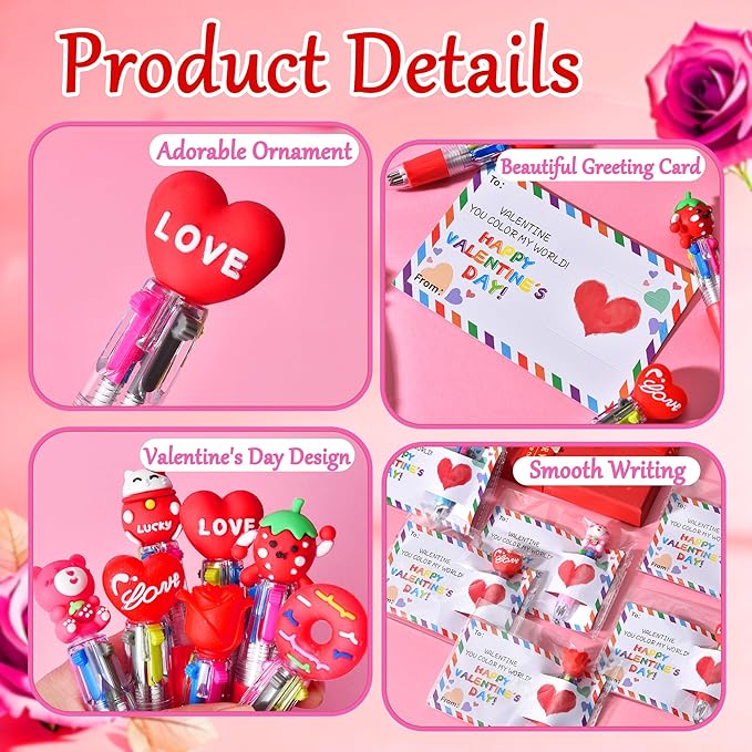 30 Set Mini Multicolor Pens in One 4-in-1, Cute Valentine Pens with 30 Valentines Day Cards for Valentines Day Classroom Gifts, Office Colleagues Greeting Exchange Gift School Party Favors