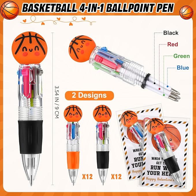 Colarr 24 Set Basketball Valentines Gifts Multicolor Pens with Positive Cards for Valentines Day Party Favors Classroom Prizes Students Basketball Team Goodie Bags Stuffers 4 in 1 Ballpoint Pens