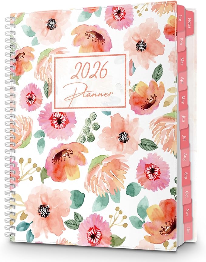 CRANBURY Large Planner 2026, 8.5x11 Weekly Monthly Calendar Agenda, from Jan to Dec Daily Organizer, Floral Theme, Spiral Bound Planner with Tabs