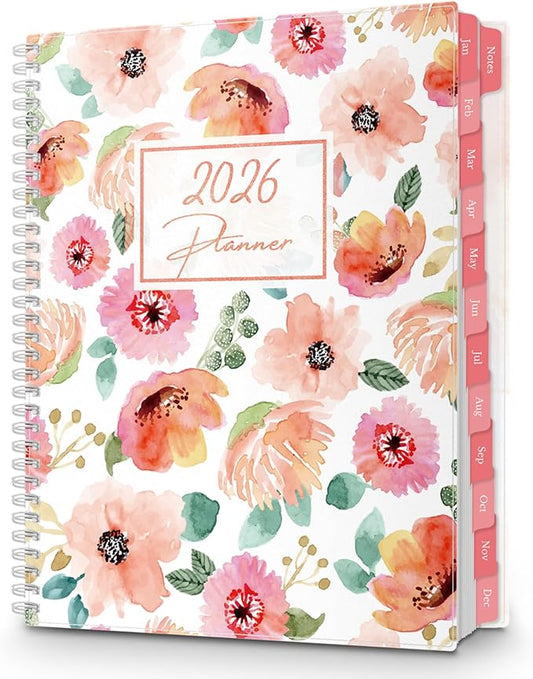 CRANBURY Large Planner 2026, 8.5x11 Weekly Monthly Calendar Agenda, from Jan to Dec Daily Organizer, Floral Theme, Spiral Bound Planner with Tabs