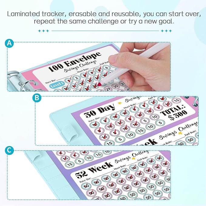 Sooez 100 Envelopes Money Saving Challenge, Savings Challenges Book with Envelopes, Flexible Saving $5050, $2600, $300, Savings Binder with 100 Pocket Pre-Number & Reusable Laminated Tracker