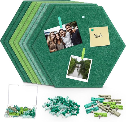 8 Pcs 12" Large Hexagon Felt Cork Board Tiles Self Adhesive DIY Bulletin Board Pin for Office Home Wall Decor Stickers Memos Photos Display with 10 Multi-Color Clip Drawing Pins(Green)