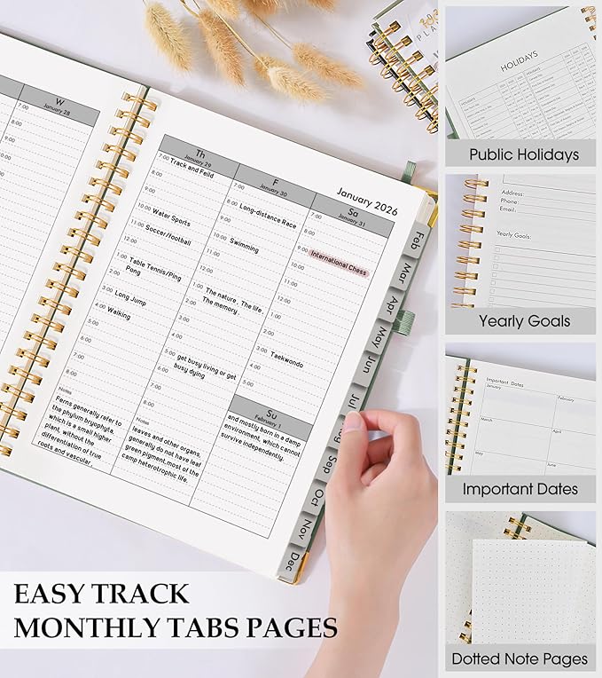 2026 Planner, Weekly and Monthly Calendar Planner from January 2026 - December 2026, 8.5" x 11" Hardcover Leather Hourly Appointment Book with Tabs, Spiral Daily Planners for School Work Home, Green