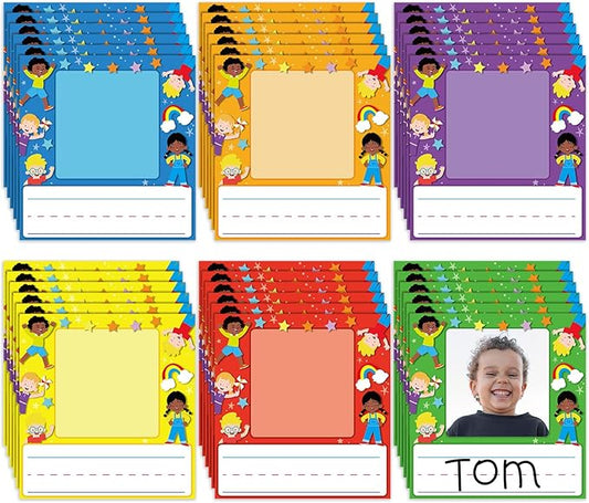36 Pcs Kids Photo Nameplates for Desk Kids Name Tags Labels Stickers with Photo Space Self-Adhesive Labels Bulletin Board Colorful Classroom Decoration for Desk Bins Cubbies Office (Kids)