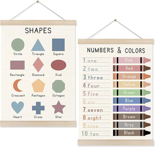 Koesus Colored Numbers and Shapes Wall Art Poster Hanger Frame 12x16 Inch Set of 2, Educational Learning Canvas Pictures Prints Framed Wall Decor for Classroom Toddler Kids Room Nursery Playroom
