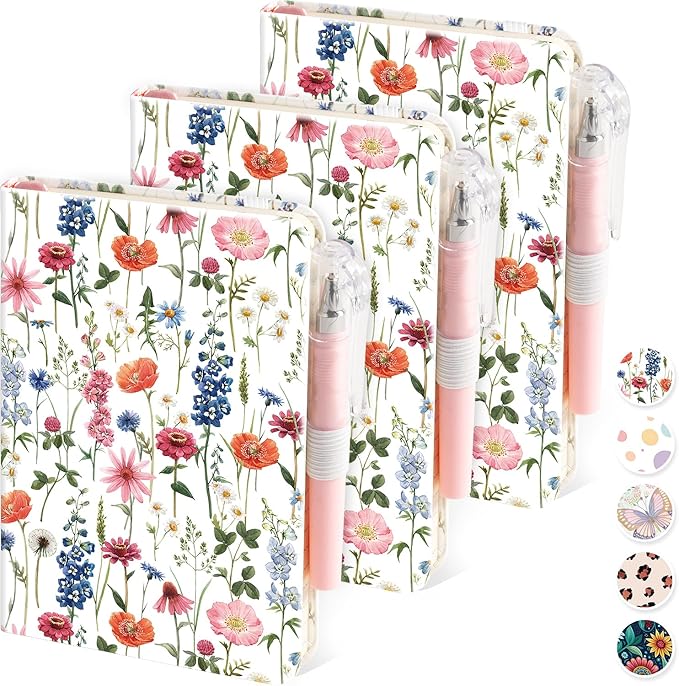 (3 Pack) Small Notebook Pocket Journal for Women, A6 (3.7" x 5.7") Aesthetic Floral Mini Notebook with Pen, Leather Lined Note Book with 400 Pages 100 GSM Thick Paper, Gift for Women Girls