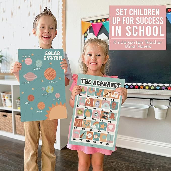 Hadley Designs 16 Educational Posters for Classroom Decor - Learning Posters for Toddlers 1-3, Alphabet for Classroom Wall, Daycare Essentials, Homeschool Posters Preschool, Retro Playroom Decor