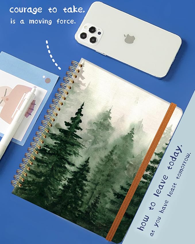 Ruled Spiral Writing Notebook,A5 Hardcover Lined College Journal for Women Lady,Fashion Puppy Watercolor Strong Twin-Wire Binding with Premium Paper,8.4" X 6",Perfect for School,Office,Home Gifts(Spruce Green Forest)