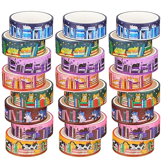 Janlaugh 24 Rolls Cat Books Washi Tapes Bulk Cute Multicolor Bookcase Tape Stickers for Journaling DIY Crafting Gift Wrapping Scrapbook Planner Book Cat Lovers Women Students Readers Teachers
