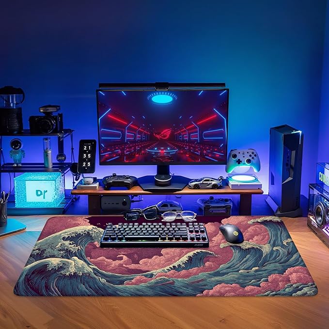 Japanese Great Wave XXL Extended Gaming Mouse Pad 35.4 x 15.7 Inch – Large Non-Slip Desk Mat with Smooth Cloth Surface, Stitched Edges, Ocean Wave Design for Gaming and Office