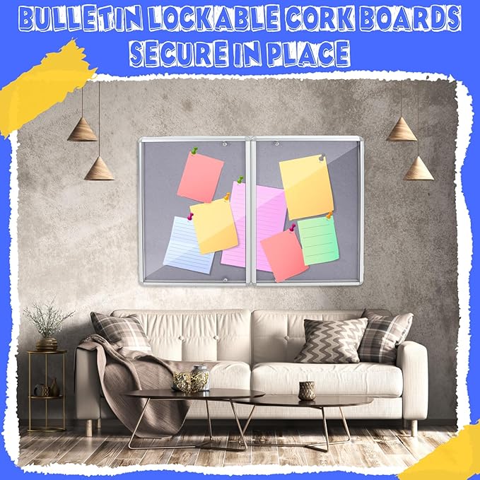 48"x36" Enclosed Bulletin Board Weather Resistant Lockable Outdoor Cork Fabric Display Board Aluminum Frame Wall Mounted 2 Locking Door for Office School Commercial 12xA4(Gray, Silver Frame)