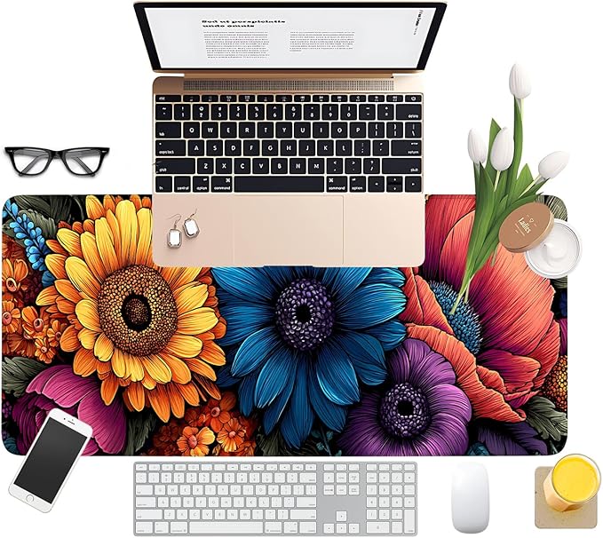 Flowers Extended Gaming Mouse Pad 31.5x11.8inches Large Desk Mat Anti-Slip Rubber Base & Durable Stitched Edges for Gamers Smooth Mouse Writing Surface for Desk Office/Home