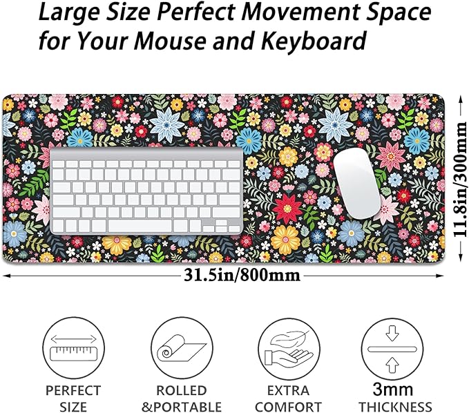 Colorful Flowers Desk Pad Mouse Pad,Large XL Floral Mouse Mat with Stitched Edges,Non-Slip Rubber Base Mousepad for Office PC Keyboard Laptop and Home Work Desk Mat(31.5X11.8 in)