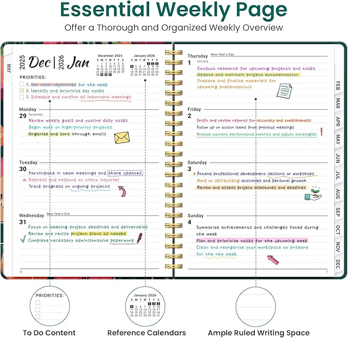 2026 Planner, Weekly and Monthly Planner for Women, January 2026 to December 2026, Pretty Hardcover 2026 Calendar Planner Book with Tabs, Inner Pocket, Spiral Bound, Perfect Office Home School Supplies - 6.3" x 8.5", Golden Blush