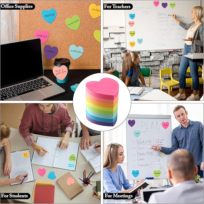 Heart Sticky Notes 8 Colors 100 Sheets/Pad, 800 Sheets Colorful Self-Stick Note Pads Stationary Cute Desk Accessories Office School Teacher Supplies Teacher Gifts