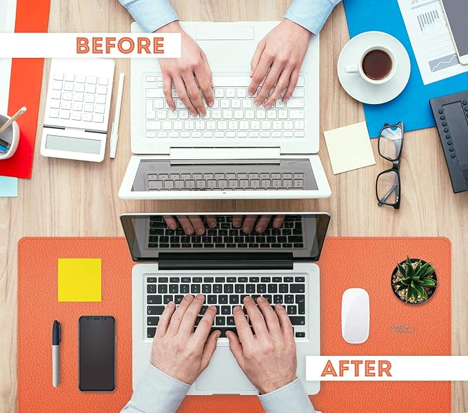 FTC PU Leather Desk Pad & Desk Blotter, Non-Slip Flannelette Base, Stitched Desk Mat for Keyboard, Mouse & Writing, Home or Office (Orange, 31.5” x 15.75”)