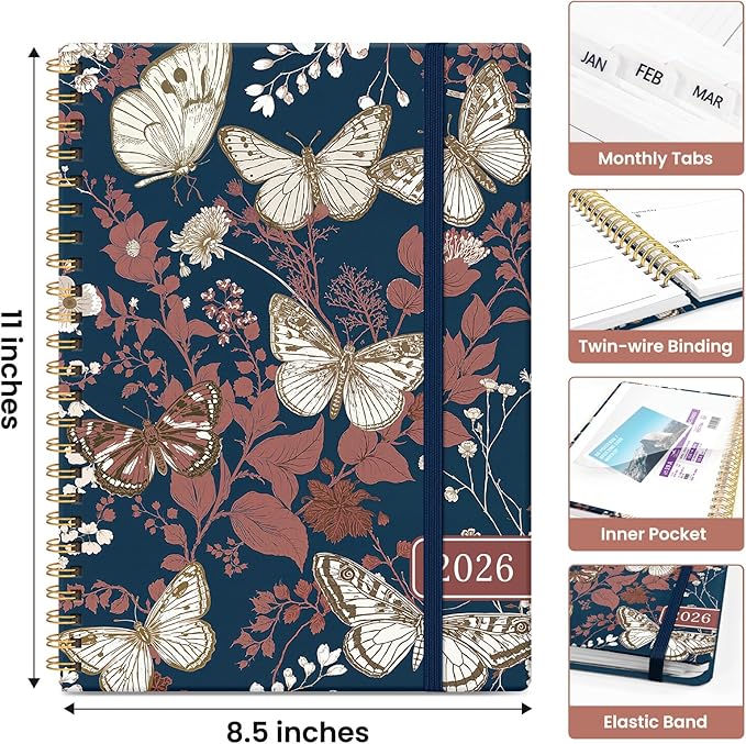 2026 Planner, Weekly and Monthly Calendar Planner for Women, Jan 2026 - Dec 2026, Hardcover Planning Agenda book with Tabs, Spiral Bound, Inner Pocket, Perfect for School Office Supplies, 8.5" x 11" - Golden Flutter