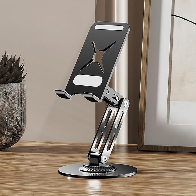 All-Metal Cell Phone Stand 360° Rotatable & Height Adjustable - 25KG Super Load-Bearing, Foldable Desk Stand for Phone & Tablet, Compatible with iPhone 17/16/15/14, Nintendo Switch (Black)