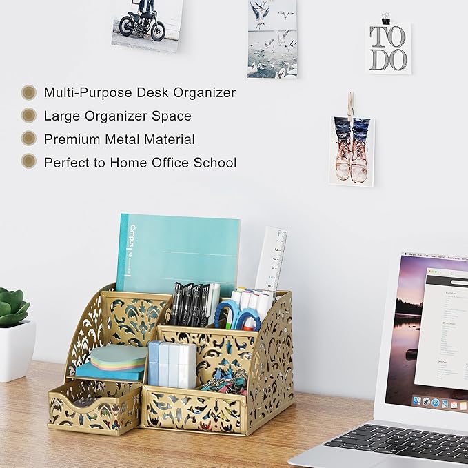 EasyPAG Pen Holder Desk Organizer with Drawer Pencil Cup for Desk 6 Compartments Metal Office Caddy Storage with Sticky Notes Holder for School Home Office, Gold