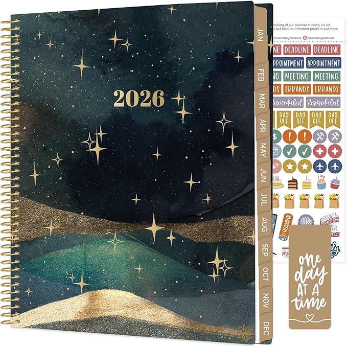 bloom daily planners 2026 Planner (January to December) - 8.5” x 11” Weekly & Monthly Dated Agenda Organizer Book with Stickers & Tabs - Flexible Soft Cover - Celestial Skies