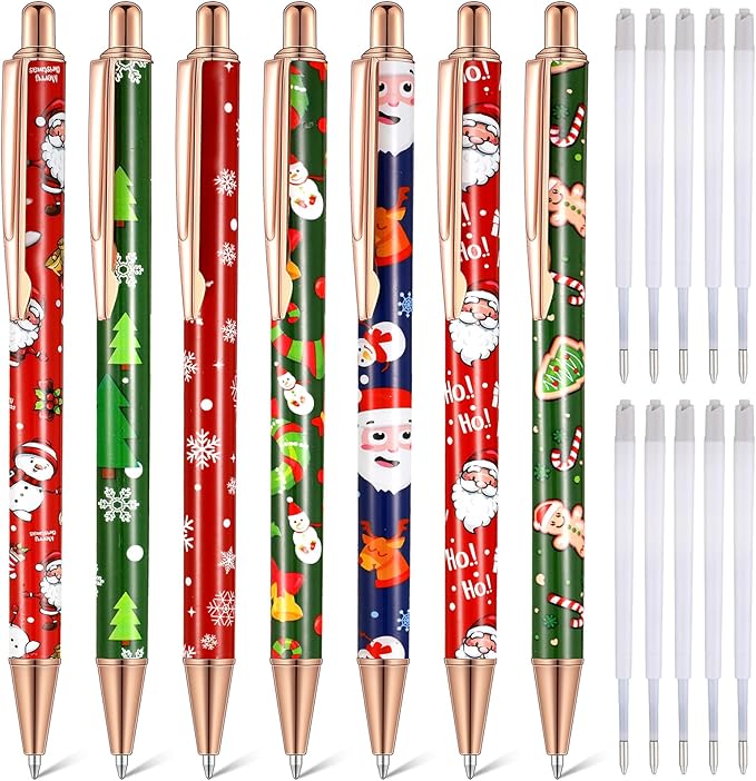 Sherr 7 Pcs Fancy Pens for Women Cute Sparkly Glitter Pens with 10 Pcs Black Ink Refills Pretty Gifts for Girls Office School Christmas Graduation(Santa)