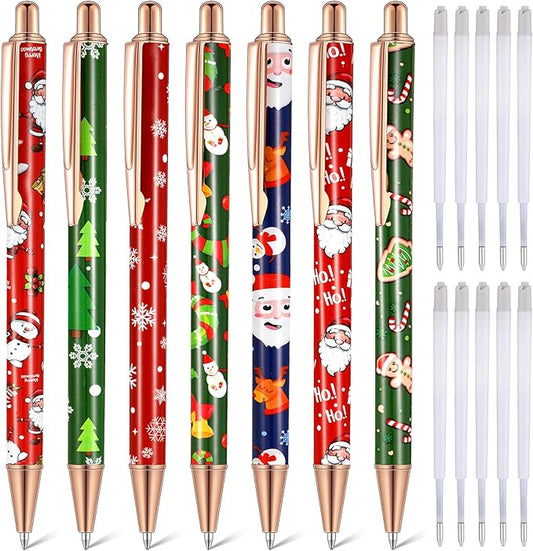 Sherr 7 Pcs Fancy Pens for Women Cute Sparkly Glitter Pens with 10 Pcs Black Ink Refills Pretty Gifts for Girls Office School Christmas Graduation(Santa)