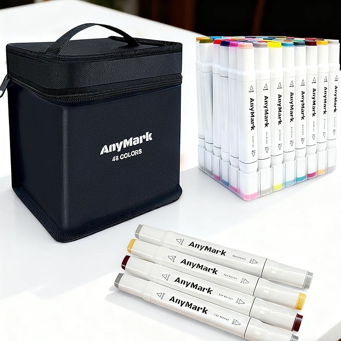AnyMark Alcohol Markers, 100 Colors Dual Tip Art Coloring Markers Set for Adult Book Drawing Sketching Painting, Chisel & Fine, White Penholder