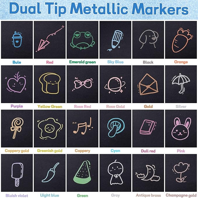 Prudiut 24 Pack Metallic Markers Set, Dual Tip Paint Pens for Crafts, Acrylic Markers for Black Paper & Rock Painting, Holiday Crafts & Valentine's Day Gift for Artist, Scrapbooking Supplies