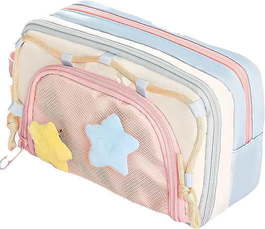 Portable Multi-Layer Kawaii Pencil Case Organizer - Large Capacity Color Block Design Pen Pouch Supplies - Cute Functional Bag (Pink)