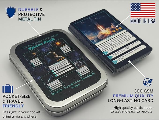 Outer Space Trivia Flash Cards for Kids Ages 3+, Educational Solar System Learning Game, STEM Astronomy Fact Cards in Metal Tin, Screen-Free Travel Toy