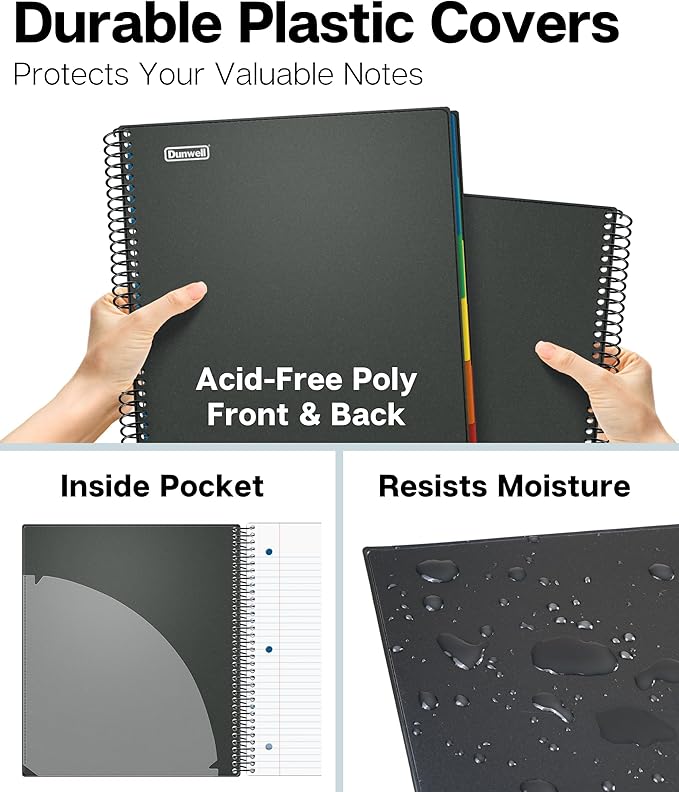 Dunwell 5-Subject Notebook, College Ruled, Colorful Movable Pocket Dividers with Tabs, Front/Back Plastic Covers, 200 Sheets (400 Pages) of 3-Hole Punch Perforated 8.5x11 Paper