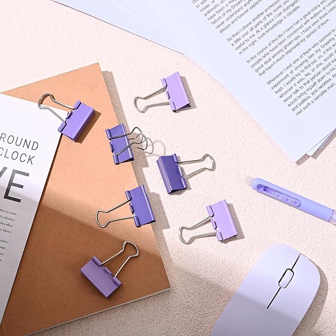Temiary Aesthetic Binder Clips, 48 Pcs 0.98 Inches Small Metal Binder Clip with Clear Storage Container, Binding Paperwork Clamps for School Teachers Office Supplies (Purple)