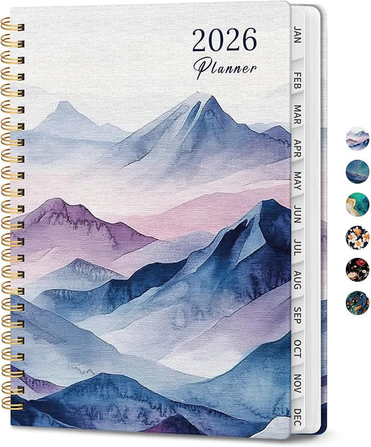 2026 Planner, Monthly and Weekly Calendar Planner for Women, Jan 2026 - Dec 2026, Hardcover Pretty 2026 Agenda Planner Book with Tabs, Spiral Bound, Perfect for School Office Home Supplies, 6.3" x 8.5" - Distant Peaks