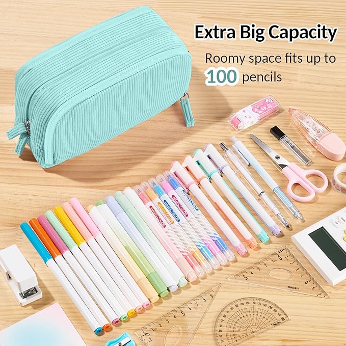 Sooez Big Capacity Pencil Case Pen Pouch, Soft Corduroy Pencil Bag with 3 Compartment, Multiple Pockets, Sturdy Zipper, Cute School Supplies Pen Bag Organizer For Teen Girls College-Mint Green