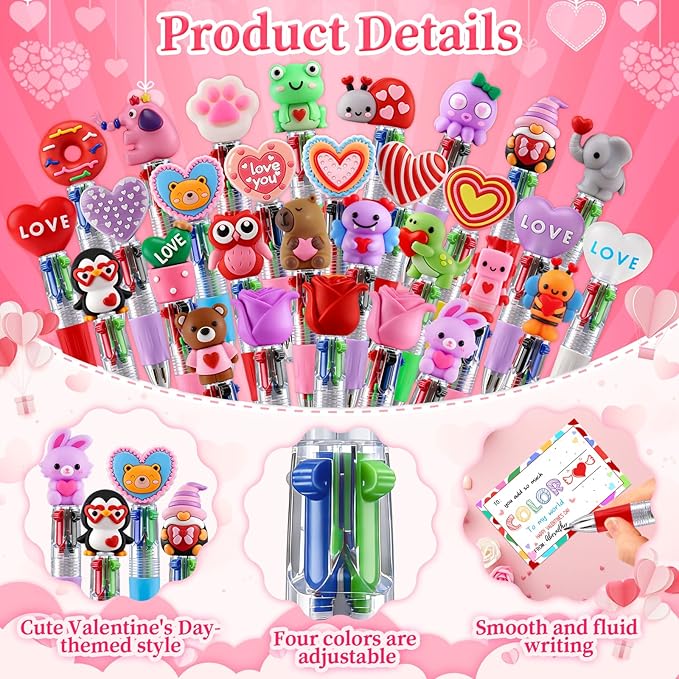 CZWZ 60Pcs Mini Multicolor Pen in One 4-in-1 Cute Pens Bulk for Kids, Ballpoint Pens for Birthdays and Children's Parties, Fun Pens Gifts Assorted Ink Kawaii Pen(Valentine)