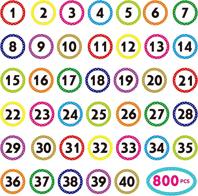 800 PCS 1-40 Number Stickers, Polka Dot Water/Oil/Tear Resistant Consecutive Number Labels, Remove Without Residue for Indoor, Outdoor, Office, Classroom, Storage, Organizing, Boxes (1”, 20 Sheets)